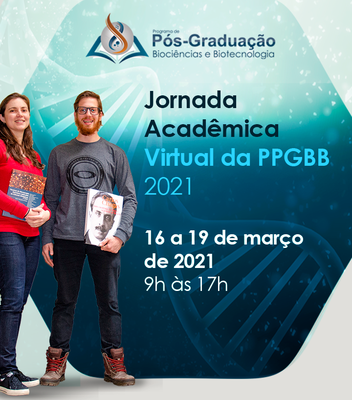 Convidamos todos os alunos da PPGBB a se inscreverem para apresentarem seus trabalhos na Jornada Acadêmica Virtual da PPGBB 2021 que acontecerá nos dias 16 a 19 de março de 2021 das 9:00 às 17:00. Embora, excepcionalmente esse ano, a apresentação não seja obrigatória devido a pandemia, nós incentivamos fortemente que os alunos participem, para discutir ciência e impulsionar novas ideias!